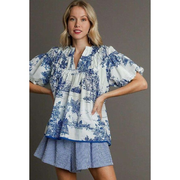 Umgee Textured Ruffle Sleeve Notched Top main image 1